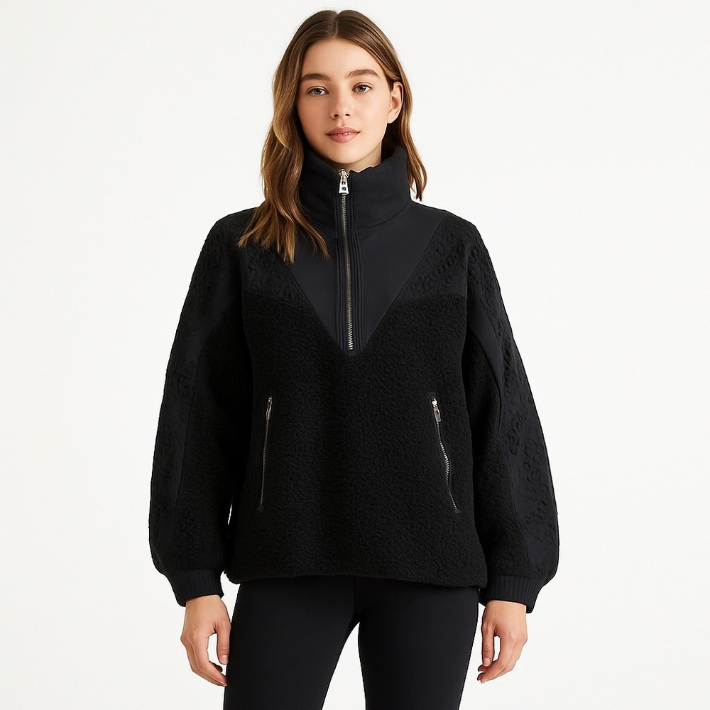 FREE PEOPLE MOVEMENT Care Seaside Fleece Crochet Eyelet 1/4‎ Zip Jacket Black XS